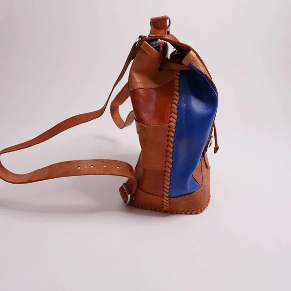 vintage leather backpack | Vintage Mexican patchwork camel tan leather boho - Picture 3 of 9